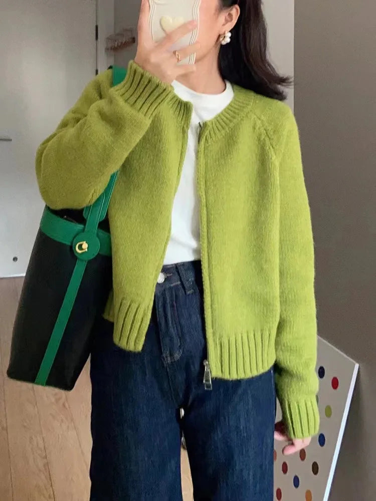 Women's Short Knitted Cardigan 2025 | Autumn Winter Solid Color Zipper Sweater Jacket