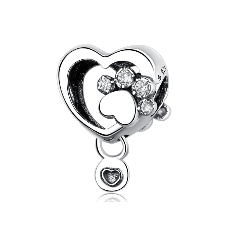 Original Sterling Silver Pet Paw Charm | Love Dog Cat Print Beads for Pandora Bracelets & DIY Jewelry
