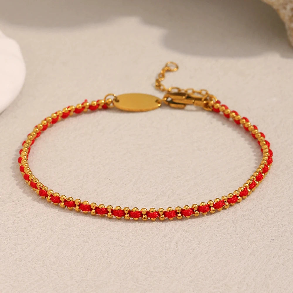 E.B.belle Lucky Red Rope Bracelet | 18K Gold Plated Stainless Steel Round Beads Unisex Fashion Jewelry Gift