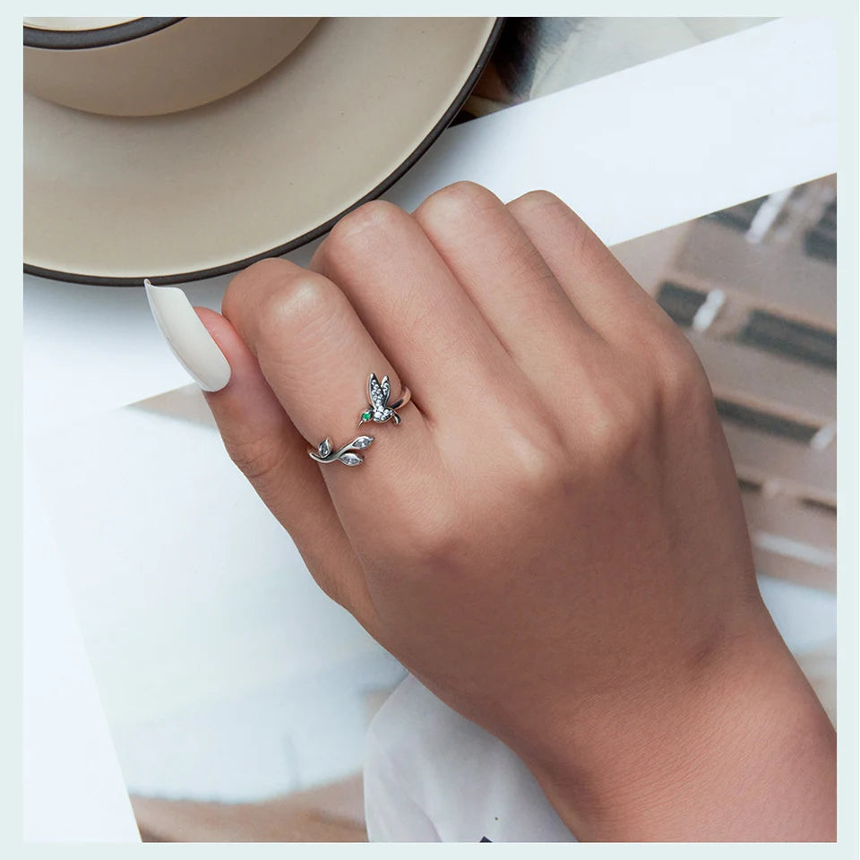 BISAER 925 Sterling Silver Floral Bird Open Ring | Adjustable White Gold Plated Flower Band for Women – Fine Party Jewelry