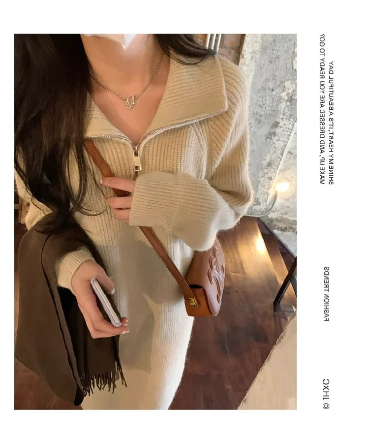 2025 Spring Autumn Knitted Midi Dress for Women | Long Sleeve Loose Fit Base Layer Straight Cut Polyester Dress