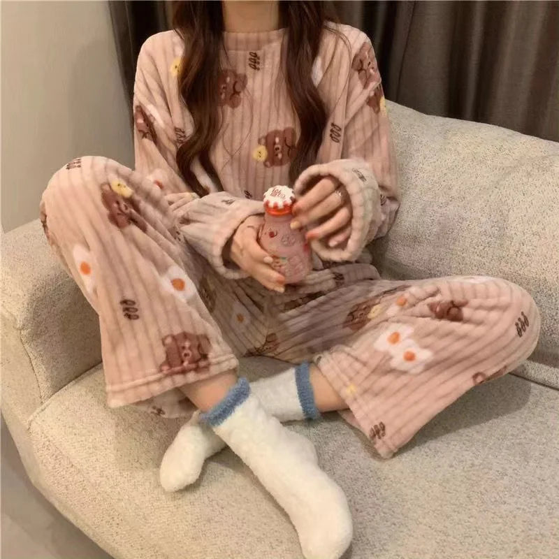 Adorable Sweet Coral Fleece Thiened Autumn Winter Loungewear Set – Women’s Casual Home Clothes | Long Pants Comfortable Leisurewear