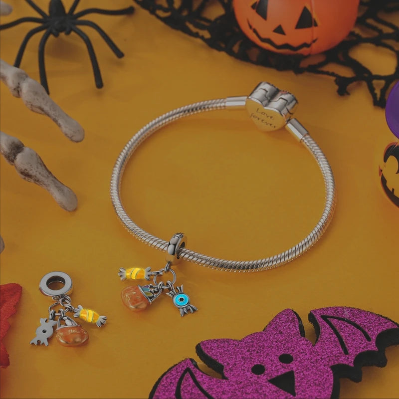 Halloween 925 Sterling Silver Charms | Pumpkin Skeleton Witch Bat Beads for Bracelet DIY Jewelry