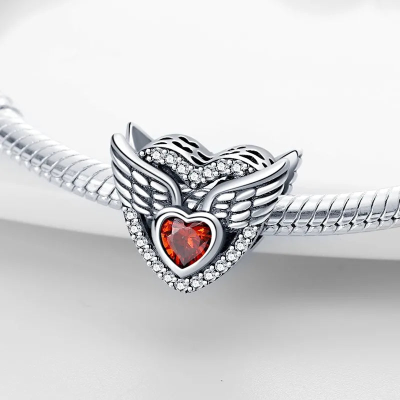 S925 Silver Angel Baby Charms | Heart Shape Wings Dangle Beads Fit Bracelet & Necklace