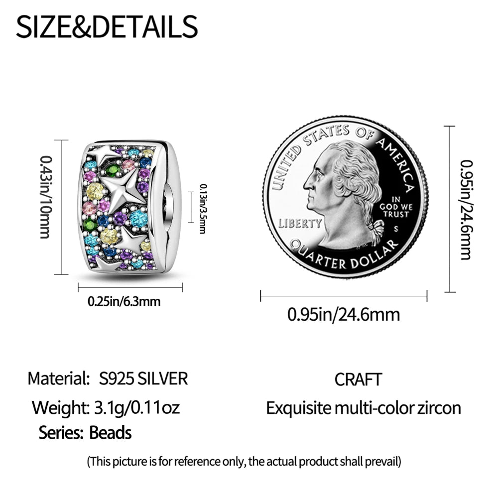 925 Sterling Silver Pave Clip Charms with Safety Chain | Colored Beads Stopper Clasp Fit Original Pandora Bracelet Jewelry