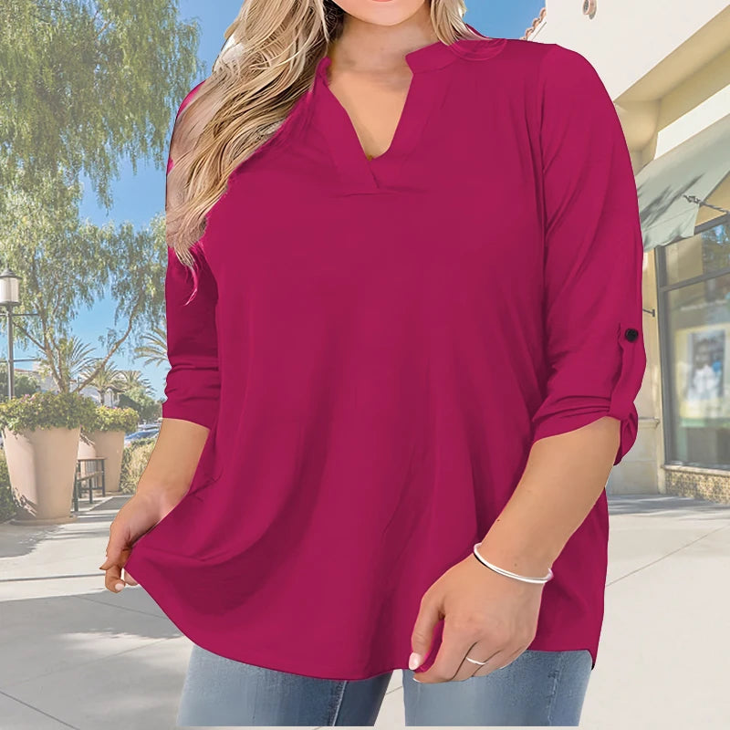 2025 Women’s Plus Size Summer Blouse – Casual V-Neck Button-Front Loose Fit Short Sleeve Top