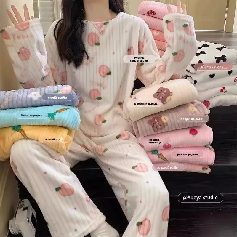 Adorable Sweet Coral Fleece Thiened Autumn Winter Loungewear Set – Women’s Casual Home Clothes | Long Pants Comfortable Leisurewear