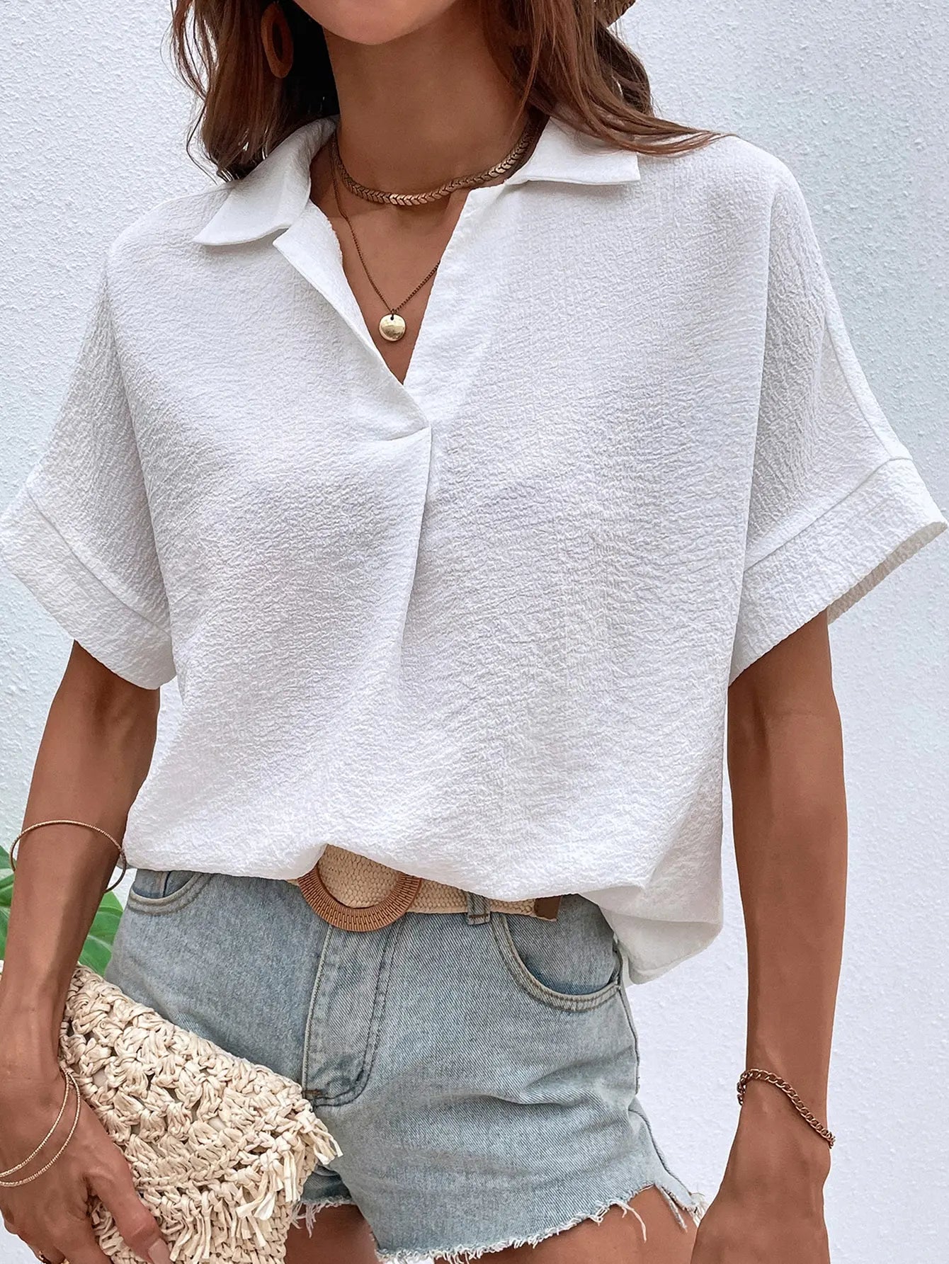 Ladies Solid Color Lapel Neck Blouse – Casual Batwing Sleeve Women Tops 👚✨