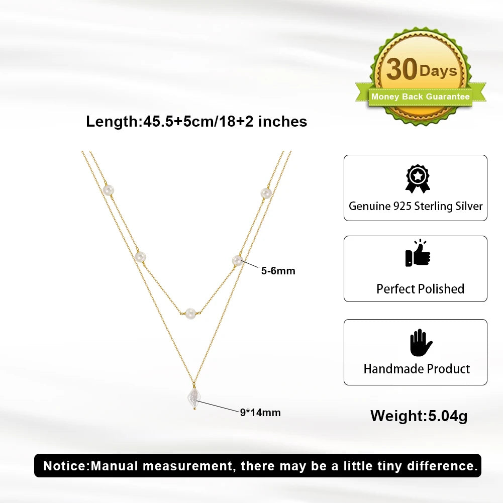 Rinntin 925 Sterling Silver Layered Natural Pearl Necklace | Geometric Pendant Luxury Jewelry