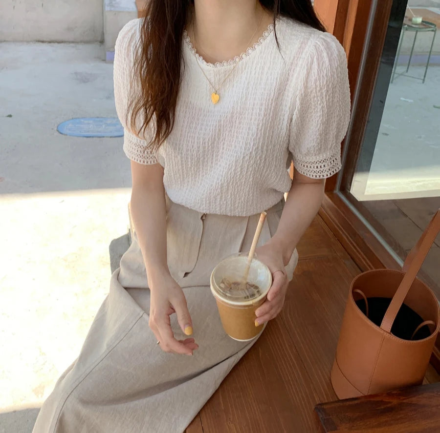 Elegant White Lace Hollow Out Blouse | Fairy-Style Bubble Sleeve Summer Top for Women