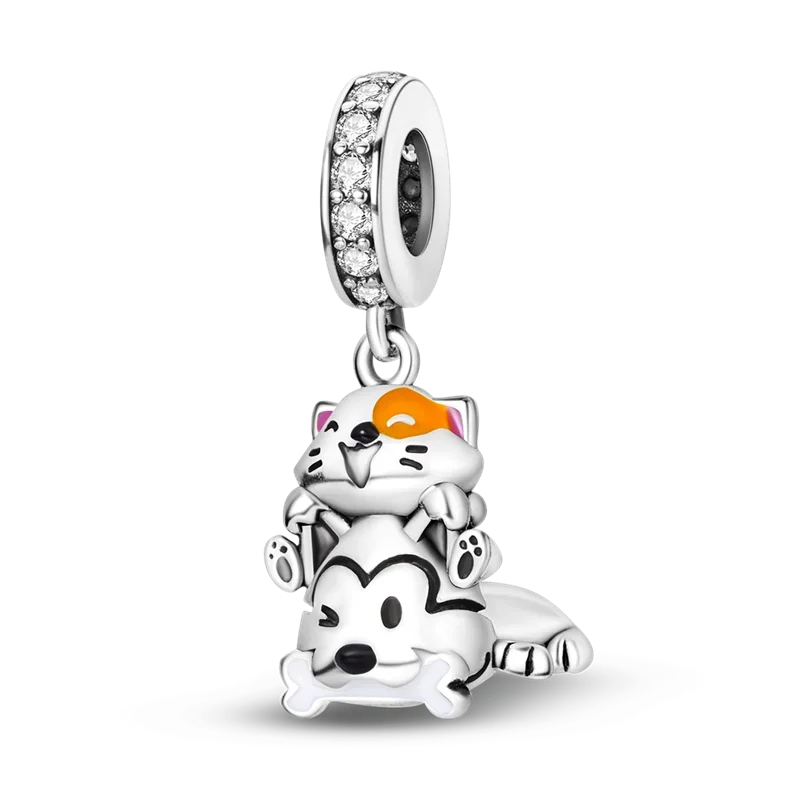 925 Sterling Silver Pink Cat & Dog Paw Charm Bead | Animal Claw Bone Beads for 925 Bracelet DIY Jewelry Gift