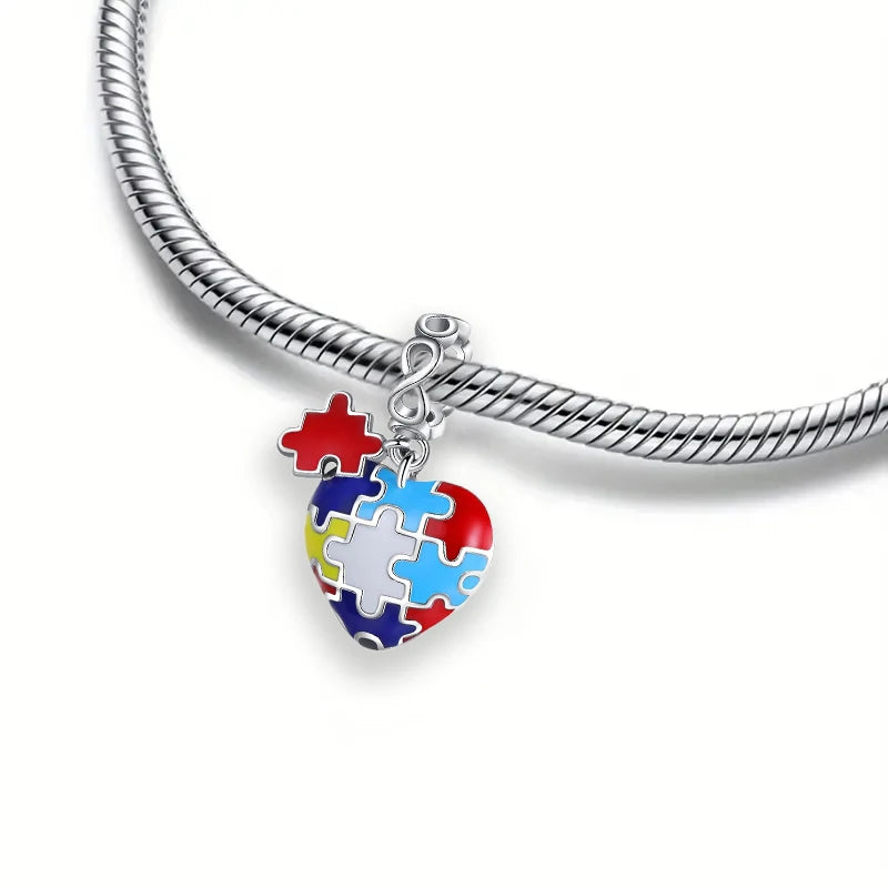 925 Sterling Silver Colorful Puzzle Heart Charm | Dangle Bead Fits Pandora Bracelet & Necklace – DIY Jewelry Making