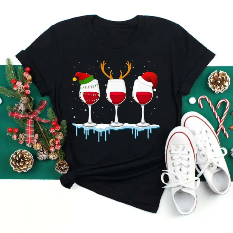 Women’s Christmas Wine Glass T-Shirt | Funny Holiday Black Tee Xmas Gift Top 2025