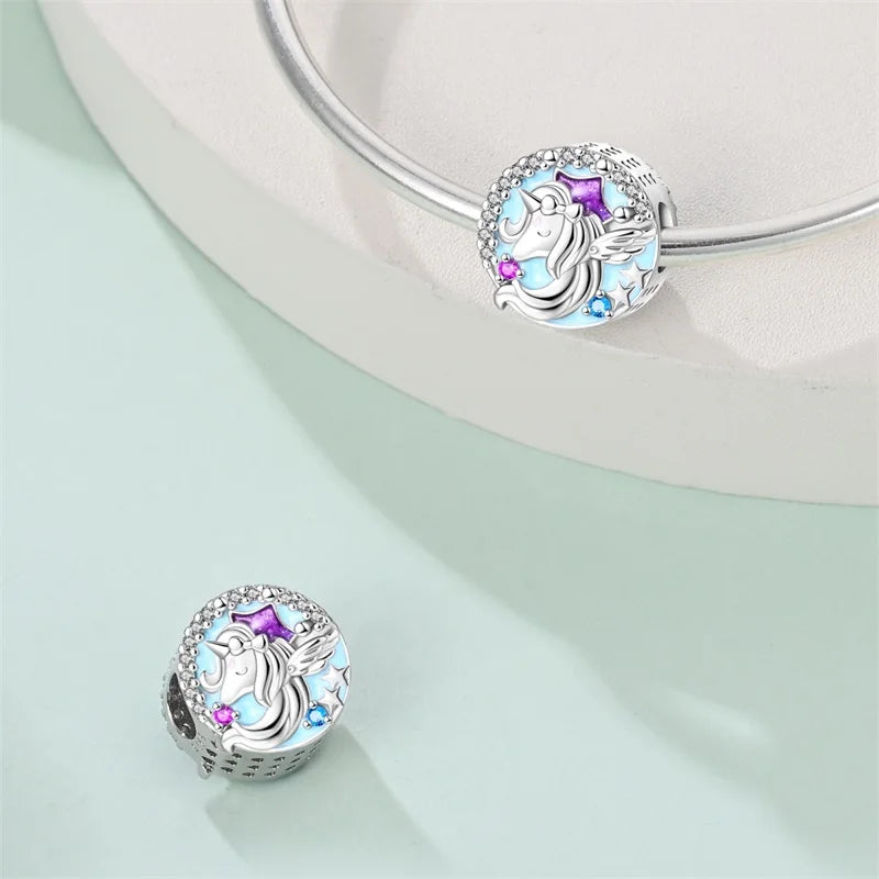 925 Silver Plated Magic Mirror Princess Angel Pink Charm Beads | Fits Original Pan 925 Bracelet | Exquisite DIY Jewelry