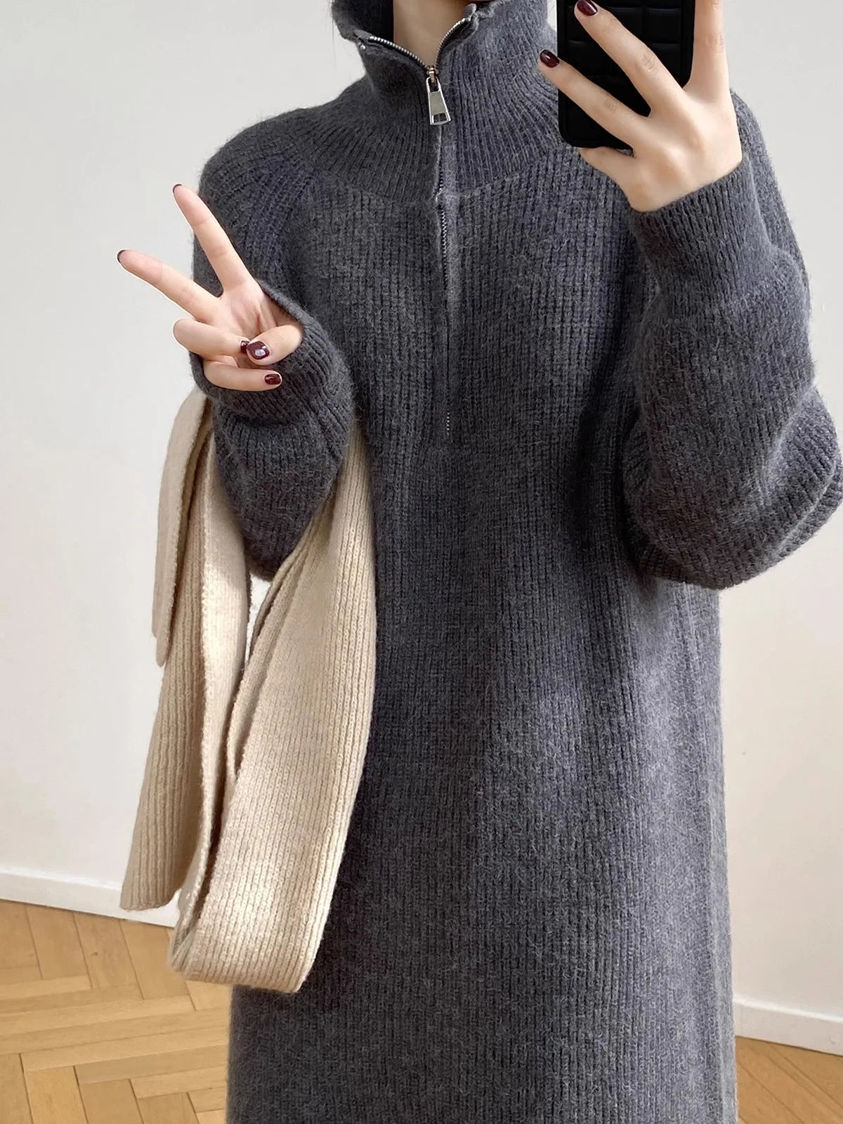 Thickened Long Sleeve Knitted Dress with Zipper Collar – Straight Tube Korean Style Winter Women’s Commute Warm Dress