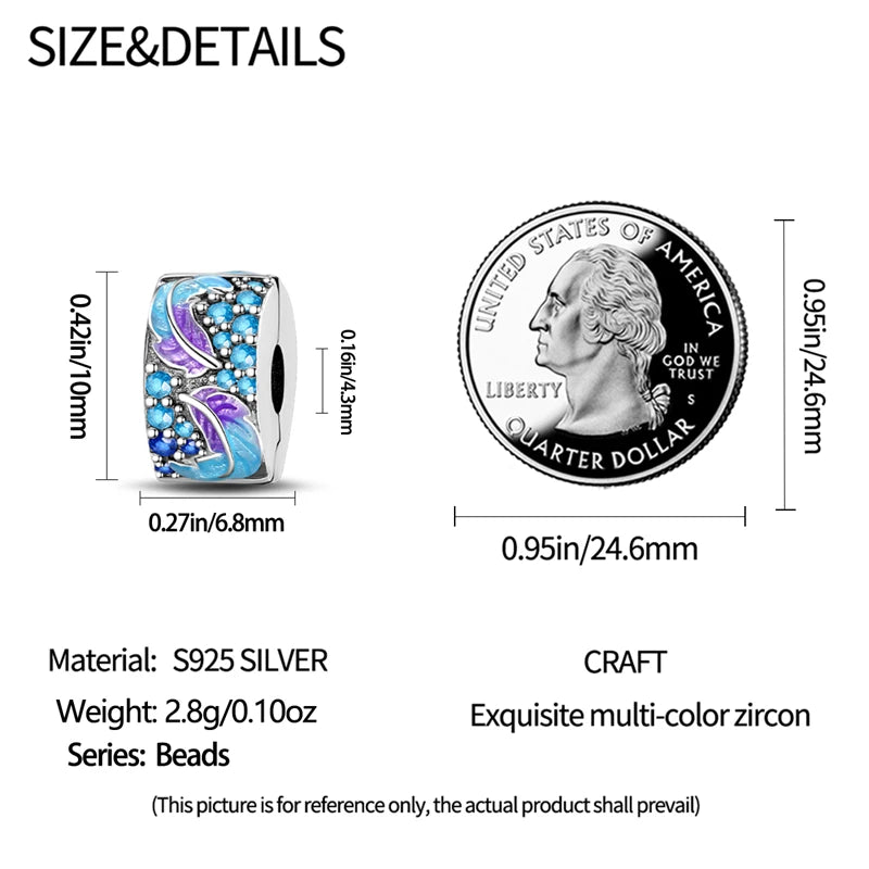 925 Sterling Silver Pave Clip Charms with Safety Chain | Colored Beads Stopper Clasp Fit Original Pandora Bracelet Jewelry