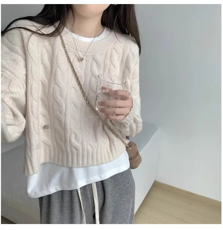 Soft ort Knitted Sweater Women's Top Lazy Sle Inner Wear Autumn Winter New Arrival Twist Cotton Long Sve round Ne Sw...