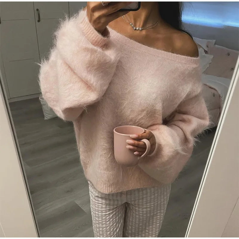 Women’s Off-Shoulder Mohair Sweater | Elegant Loose Knit Pullover for Autumn Fashion 2025