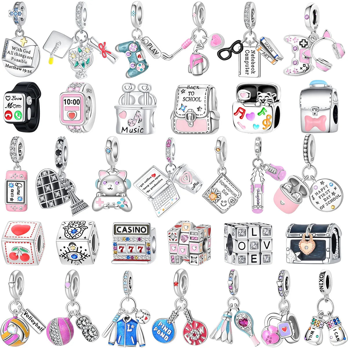 Original 925 Sterling Silver Charms | Bag, Earphone, Magic Cube, Watch & Games Console Beads for Bracelets & Necklaces