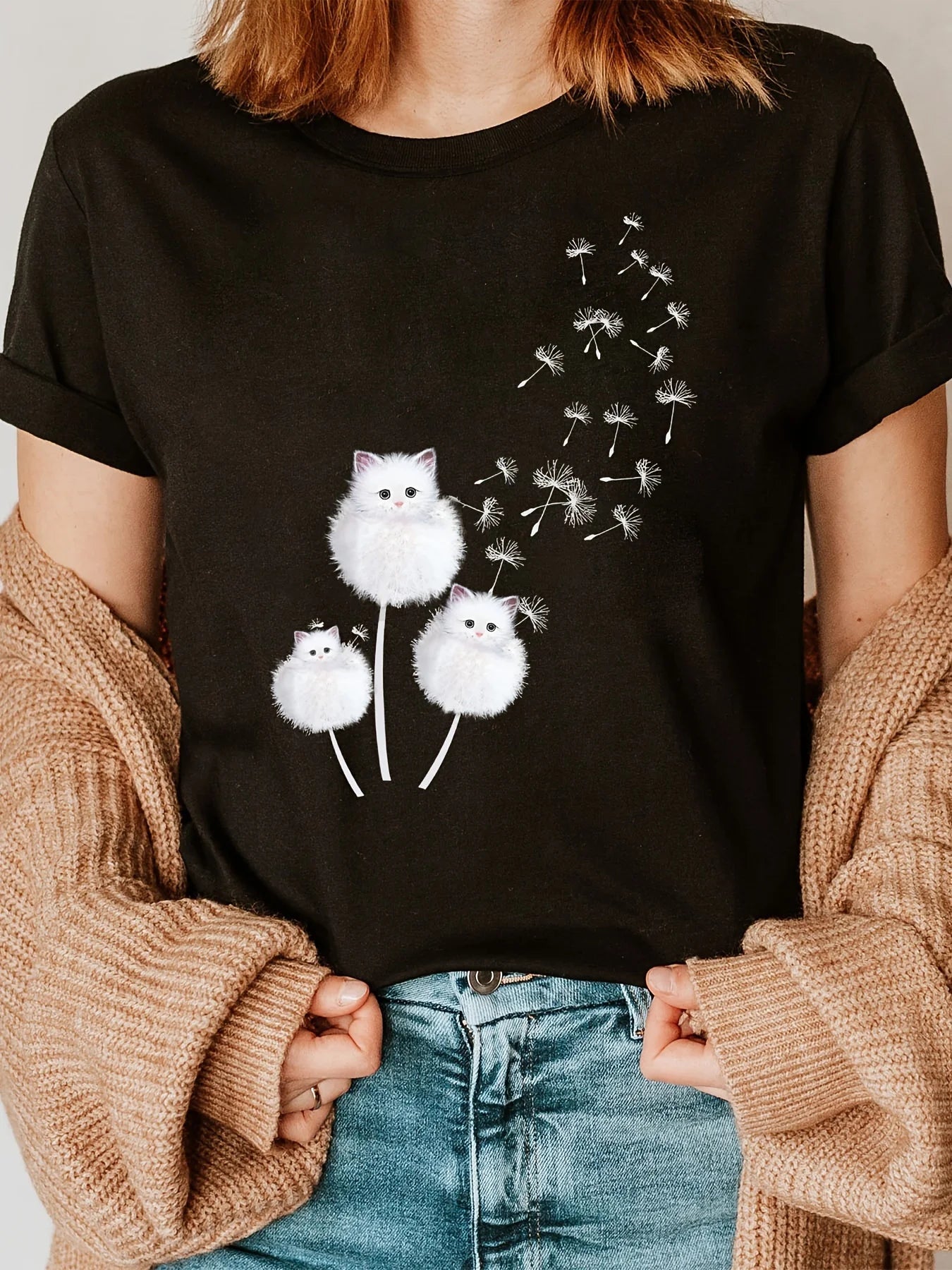 Women’s Cat & Dandelion Print T-Shirt | Creative Summer Short Sleeve Top | Casual Round Neck Ladies Clothing