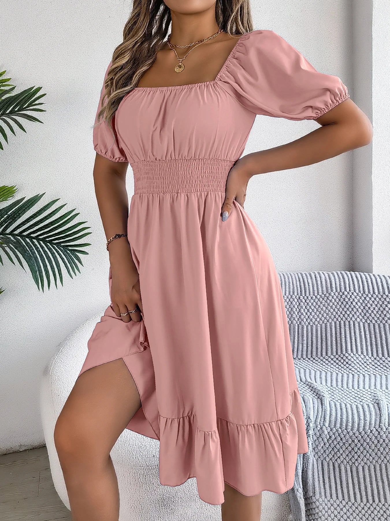 2026 Women’s Elegant High-Waisted Dress – Square Neck, Short Sleeve, Ruffled Edge Long Dress | Spring Summer Valentine’s Day