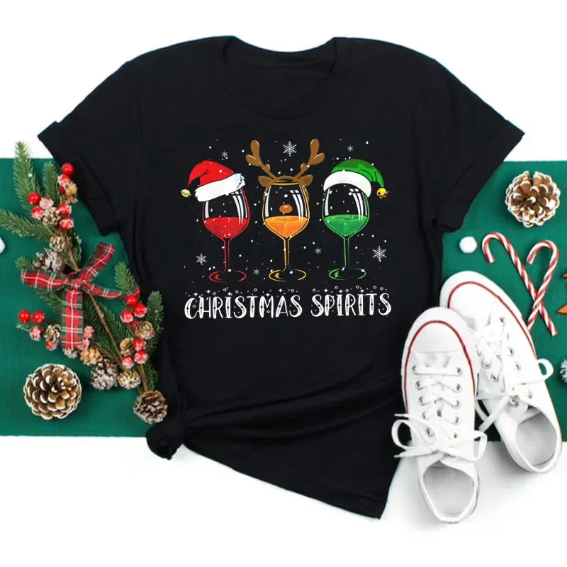 Women’s Christmas Wine Glass T-Shirt | Funny Holiday Black Tee Xmas Gift Top 2025