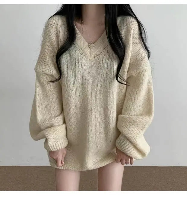 Soft Cozy Knitwear Women’s Loose Sleeve Sweater – Autumn Winter New Fashion V-Neck Long Sleeve Korean Commute Outerwear