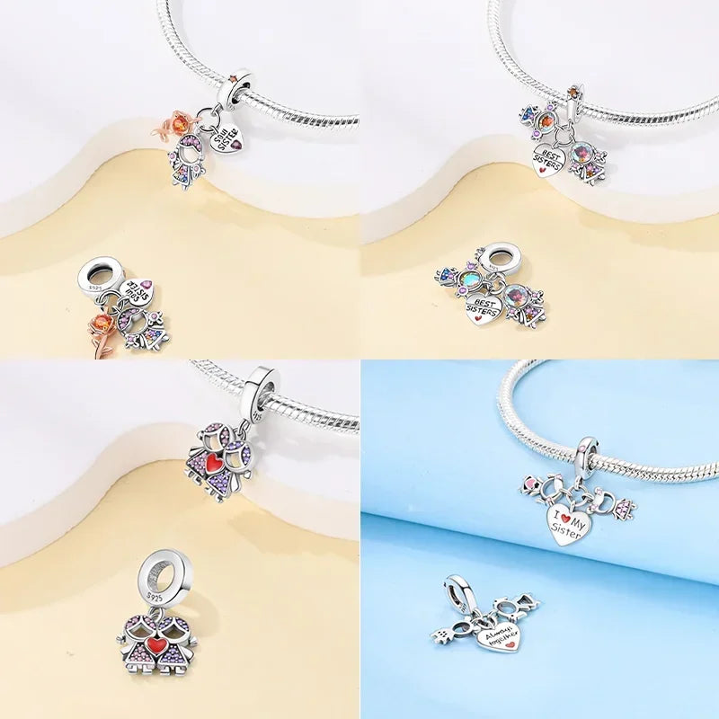 S925 Silver Forever Love Family Sister Heart Charm – Fit Original Bracelet DIY Jewelry Gift for Women & Friends