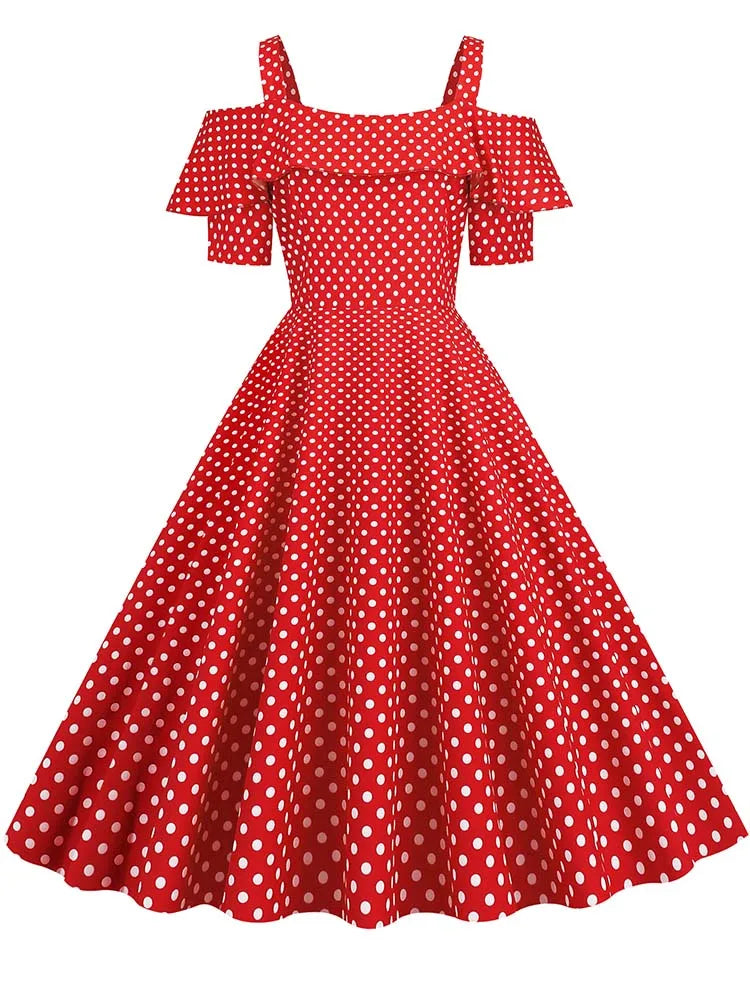 Off-Shoulder Elegant Vintage Party Dress – Women’s Summer Polka Dot Ruffles A-Line Midi Dress