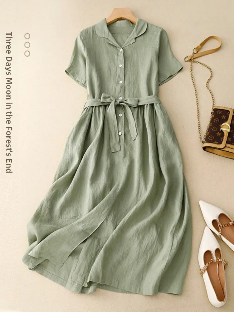 Pure Linen Shirt Dress – Women's Summer Lightweight Breathable Long Dress, Loose Plus Size with Slimming Belt