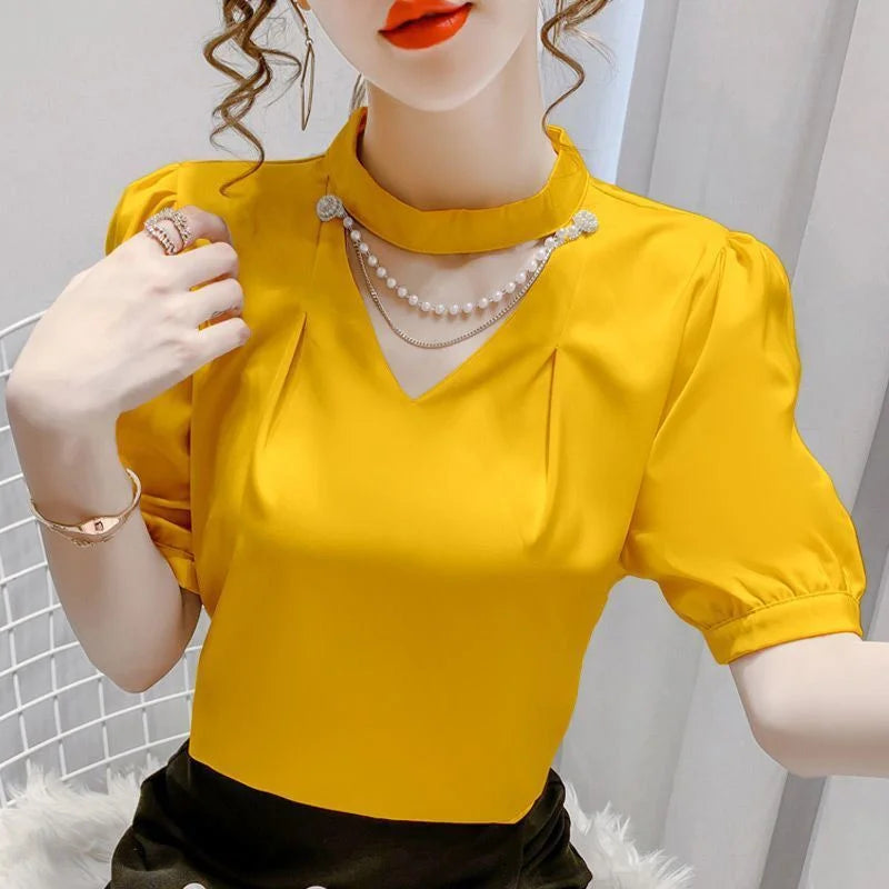 Women’s Summer Puff Sleeve O-Neck Blouse – Solid Pearl Casual Fashion Top WY0227 🌸✨