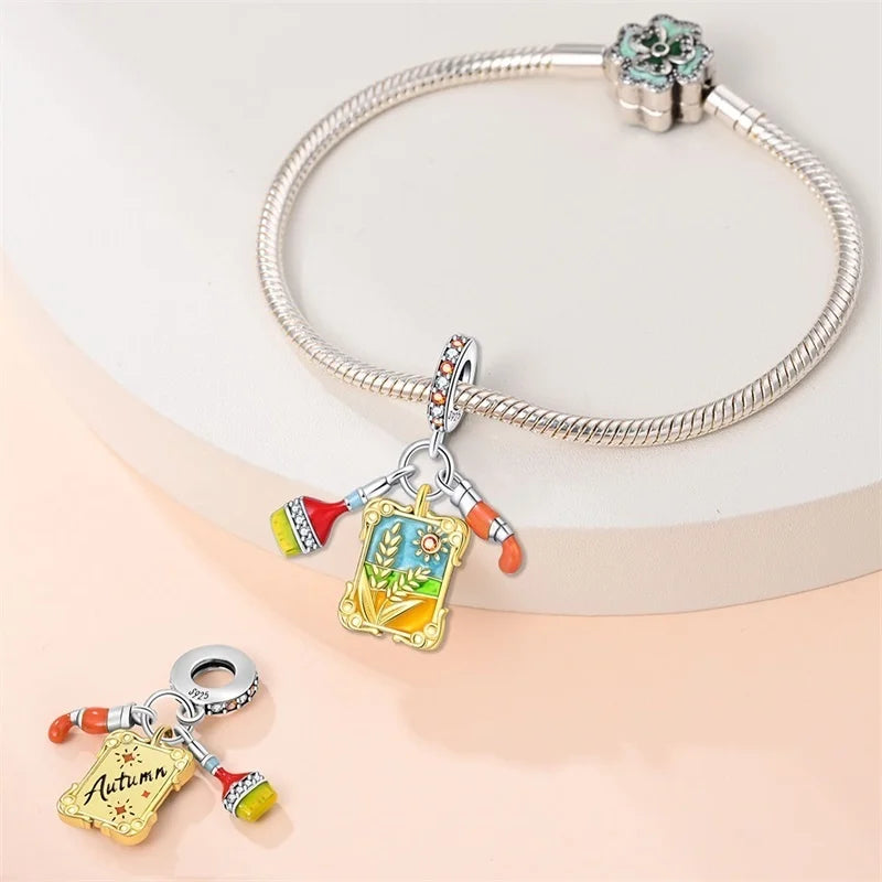 925 Sterling Silver Squirrel & Maple Leaf Charm | Shiny Zircon Autumn Beads Fit Pandora Bracelet DIY Jewelry