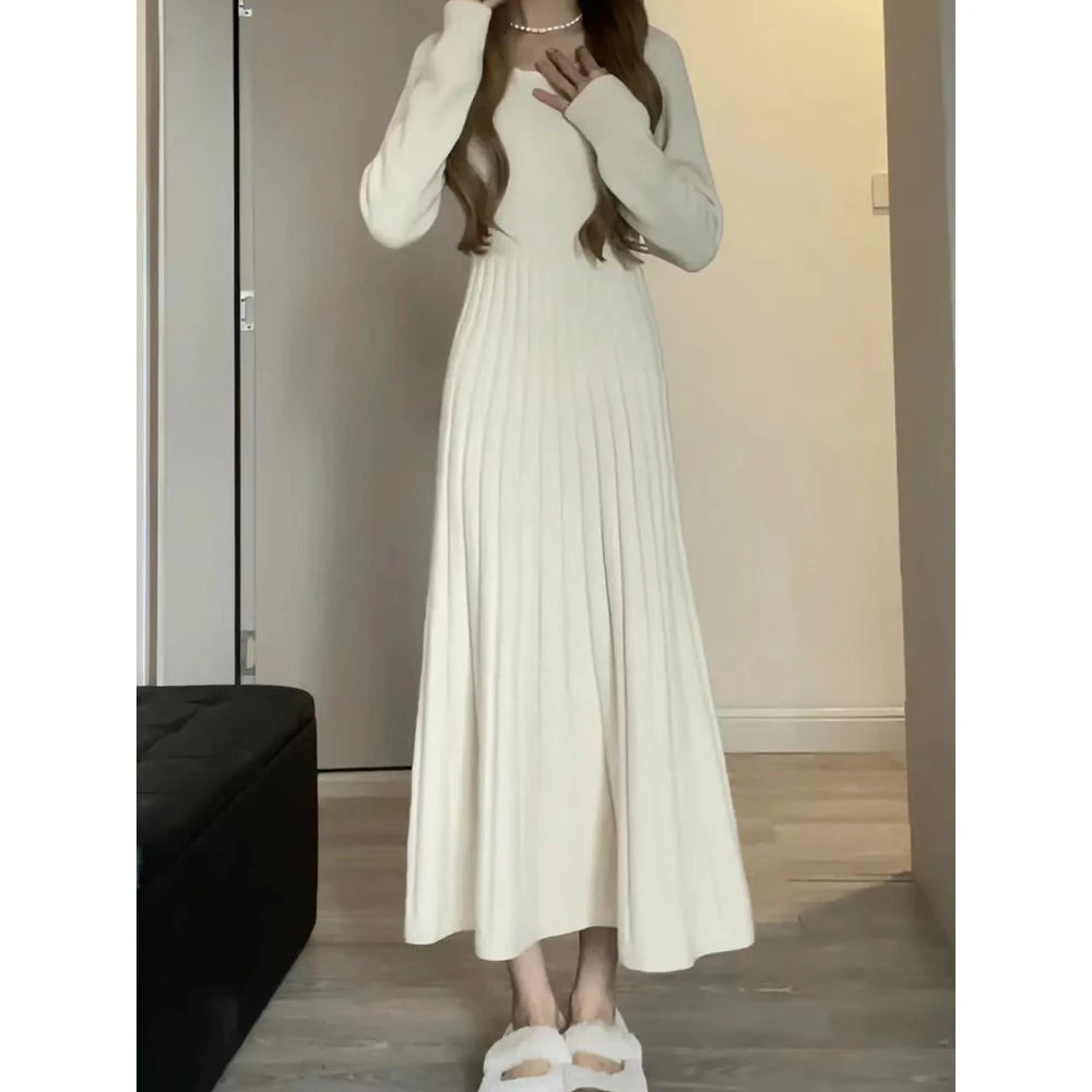 Women’s Long Knitted Sweater Dress – 2025 Autumn New Fashion A-Line Skirt, High Waist, Long Sleeve Casual Daily Wear