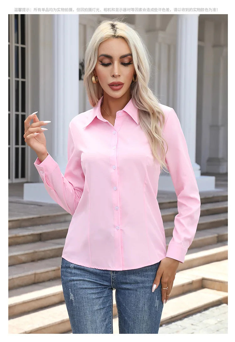 Women’s Solid Color Long Sleeve Shirt – Spring Autumn Casual Turn-Down Collar Loose Top