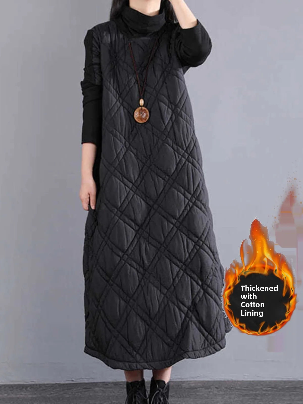 Retro High Collar Cotton Blend Long Dress for Women – Loose Fit Thickened A-Line Skirt for Autumn Winter Casual Wear