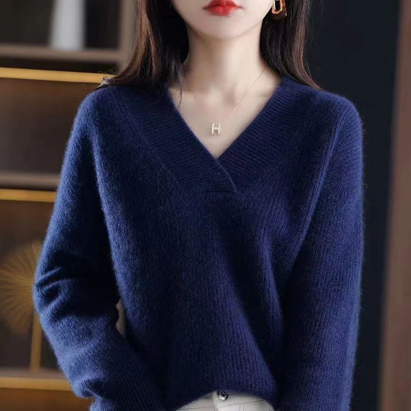 Autumn Winter Women’s V-Neck Knit Sweater – Solid Loose Pullover Soft Warm Casual Top