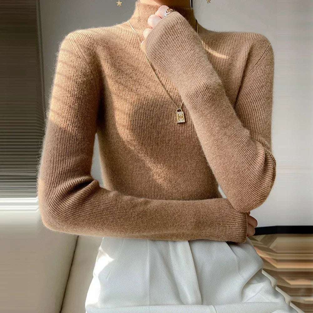 Women’s High Collar Knitted Sweater | Slim Fit Long Sleeve Top | Blue, Purple & Red Bottoming Shirt