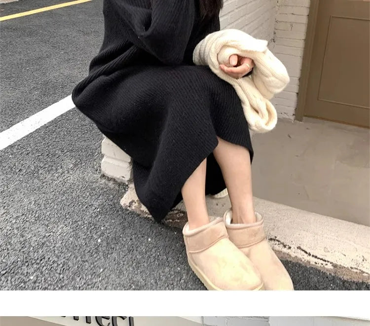 Autumn Winter Knitted Zipper Collar Dress for Women – Long Sleeve Loose Fit Pure Color H-Shape Casual Warm Dress