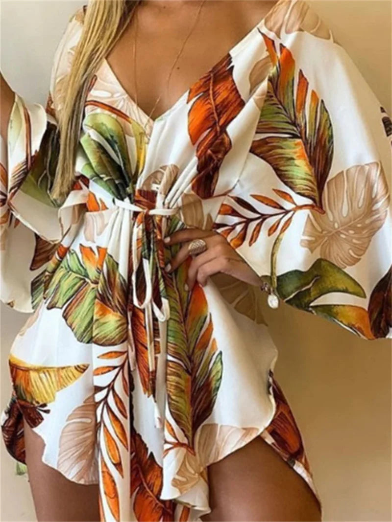Women’s Floral Print V-Neck Bat Sleeve Dress – Sexy Bohemian Loose Mini Sundress