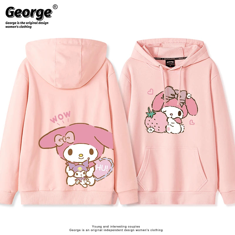 Japanese Retro My Melody Hoodie – Soft Strawberry Print Loose Casual Cute Girl Top 🍓🎀