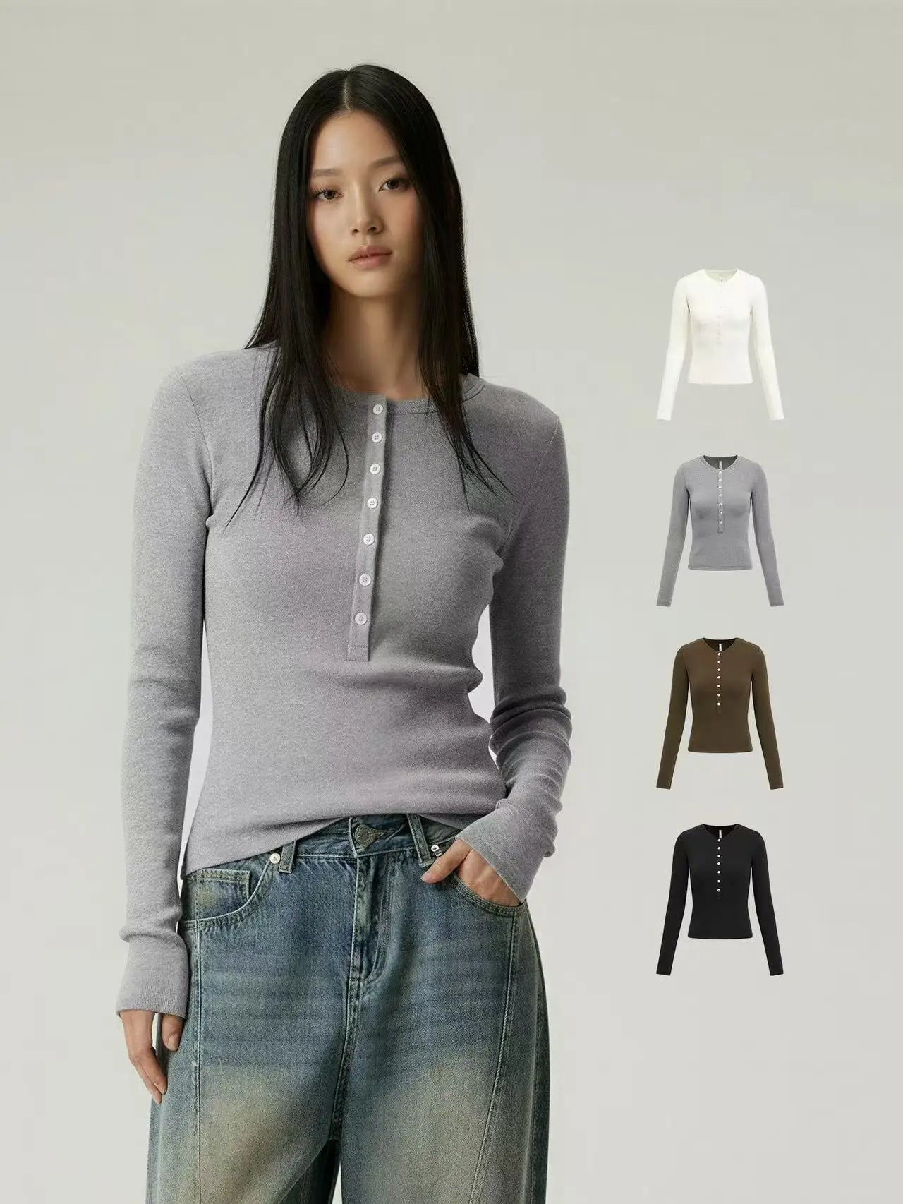 Women’s Casual Henley Neck Long Sleeve T-Shirt – Minimalist Solid Skinny Lenzing Lyocell Top
