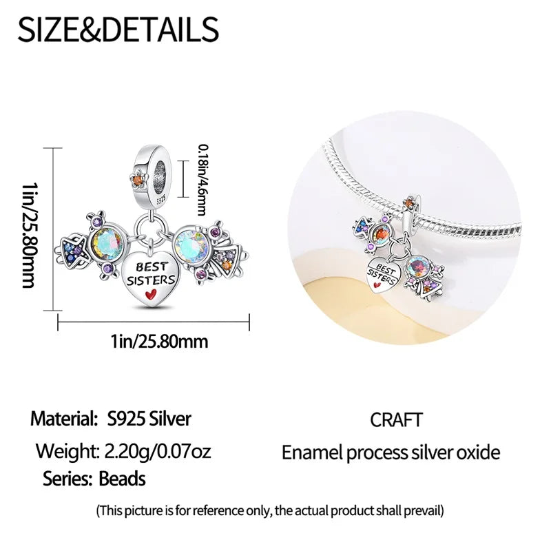 925 Sterling Silver Sweetheart Sister Charm | Fit Original Pandora & 3mm Bracelets DIY Jewelry Gift for Women