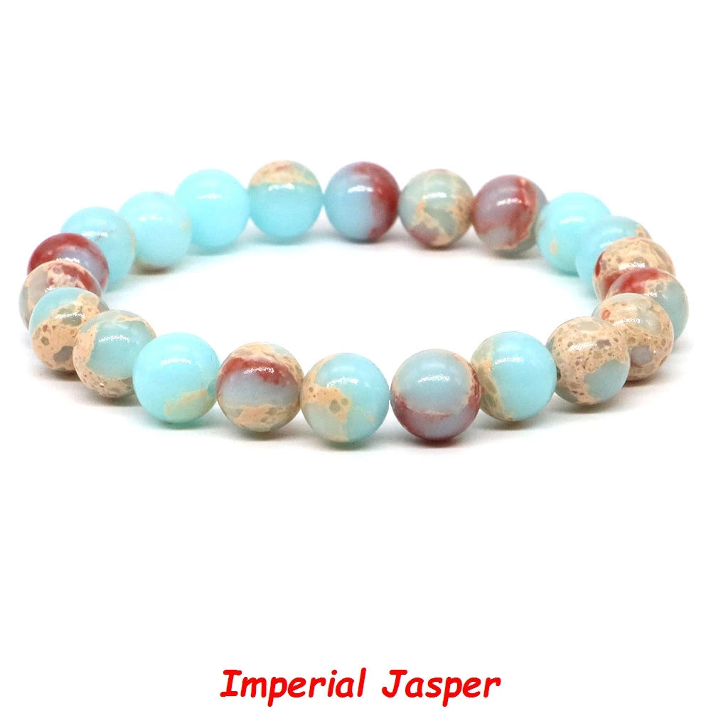 Natural Stone Healing Crystal Bracelet | Amethyst, Quartz & Agate Round Beads Elastic Stretch Bangle for Women & Men