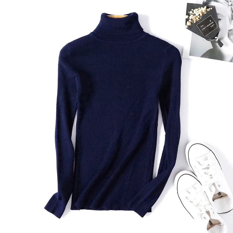 Women’s Knitted Turtleneck Sweater | Autumn Winter Slim Fit Ribbed Polo-Neck Jumper Pullover
