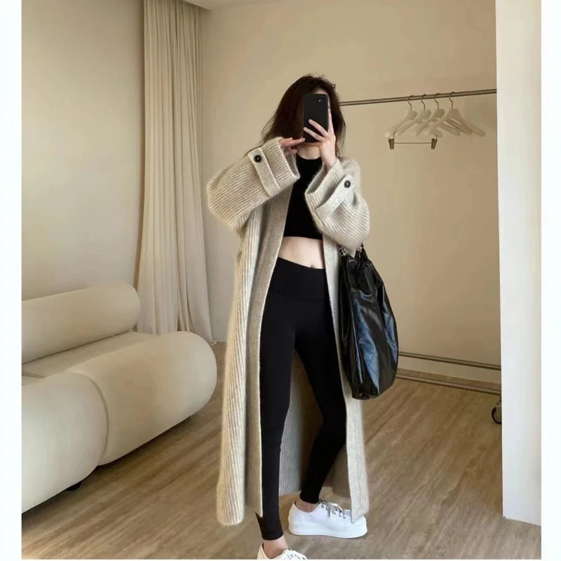 Women’s Retro Long Knitted Cardigan | Loose Solid Color Sweater Jacket for Autumn & Winter Fashion