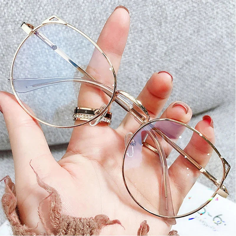 Fashion Anti Blue Light Glasses for Women – Thin Alloy Metal Cat Ear Round Frame | Computer Eye Protection Spectacles