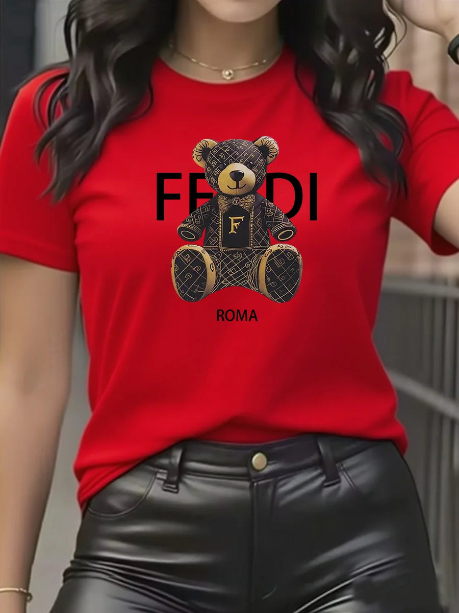 Summer Women’s Teddy Bear Graphic T-Shirt | Light Blue Short Sleeve Casual Crew Neck Top