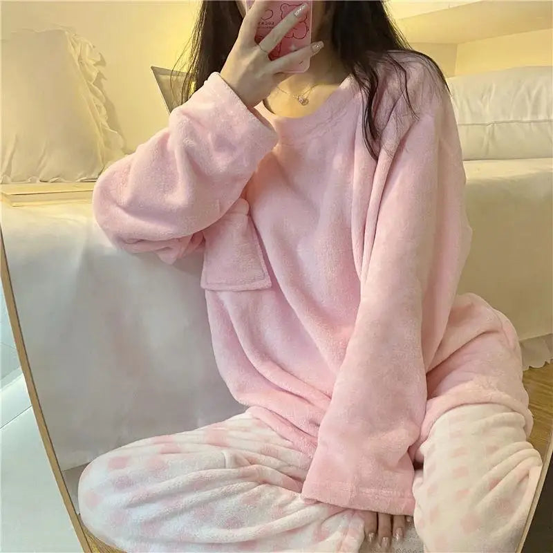 ❄️ Fleece Thick Warm Women’s Pajamas Set 🛌 Soft Winter Sleepwear | Cozy Solid Top & Plaid Pants Pijamas Home Suit ❤️