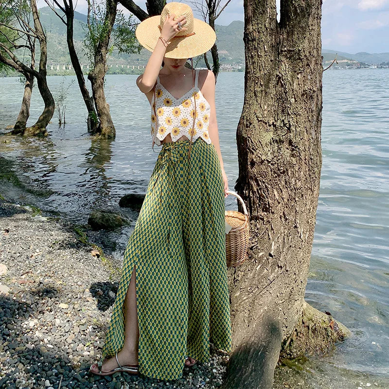 Vacation Style High Waist Wide Leg Pants – Thin Long Ethnic Print Pants for Beach & Holiday Wear