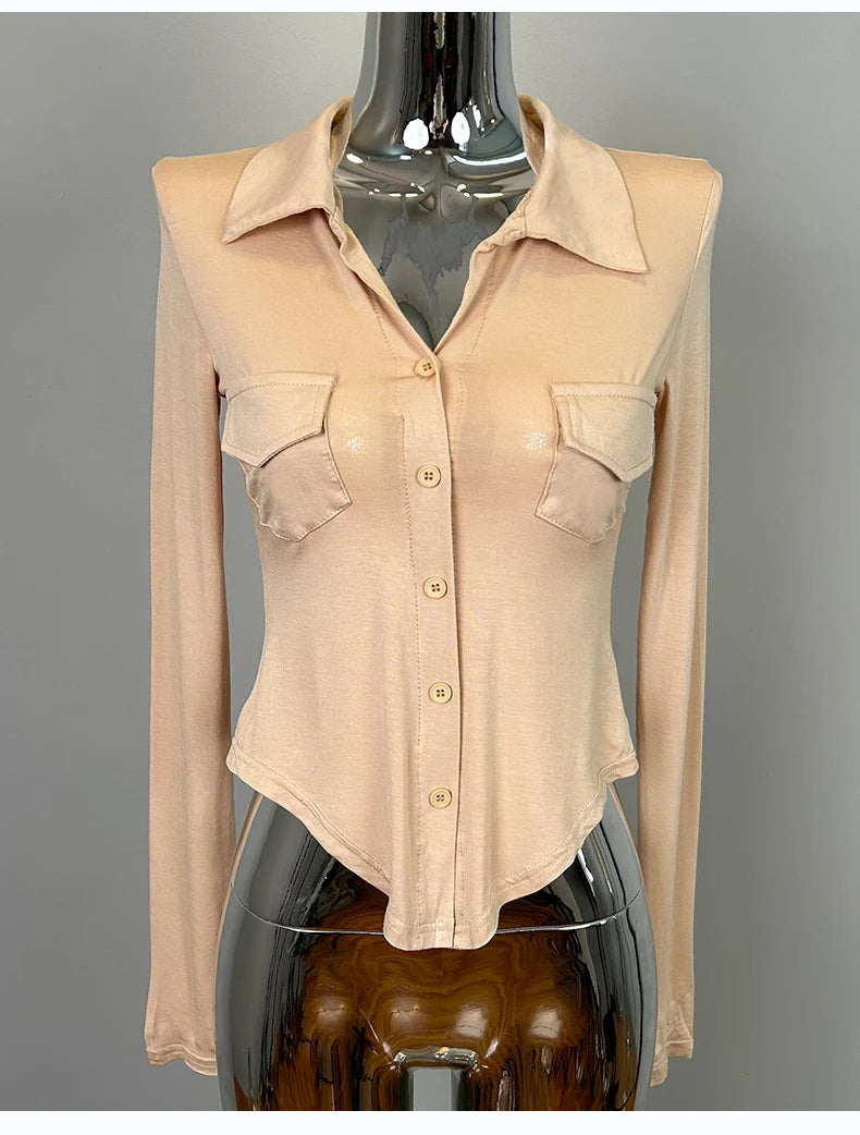 Sexy Button-Up Slim Fit Blouse – Women’s Early Autumn Korean Style Double Pocket Swing Top